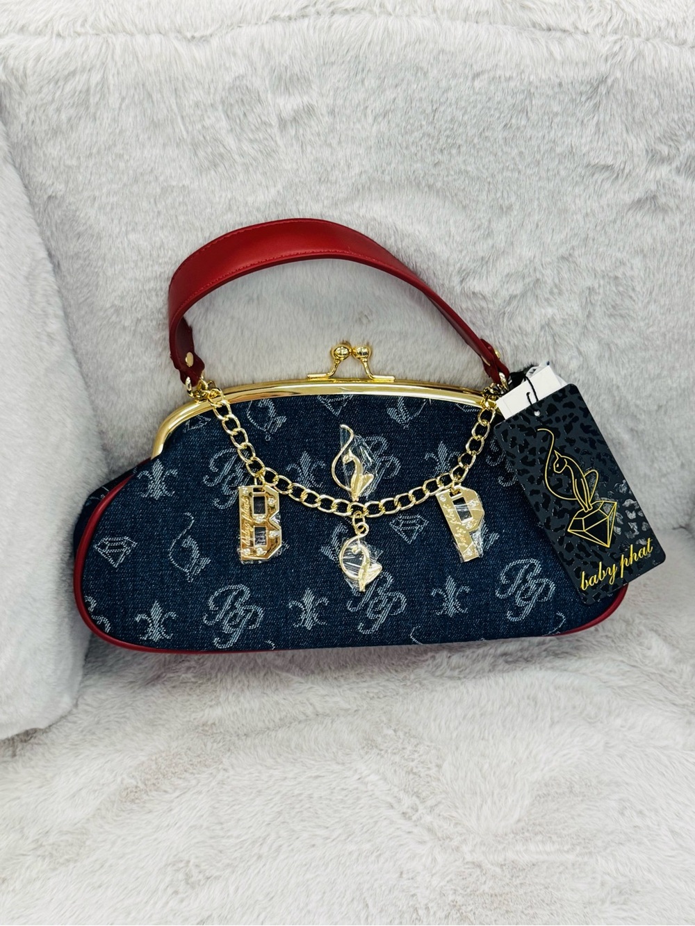 Baby Phat Navy Denim Mini Bag with Red Trim & Gold Hardware